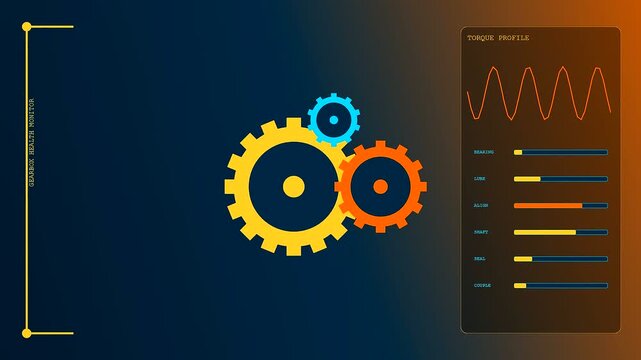 Digital predictive maintenance interface displaying rotating colorful mechanical gear animations with dynamic torque wave frequency charts and scrolling status bar analytics in a dark studio setting