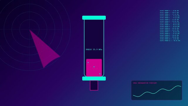 A digital predictive maintenance interface shows shifting liquid levels in a glass container with glowing radar circles and streaming sensor data on a dark blue screen