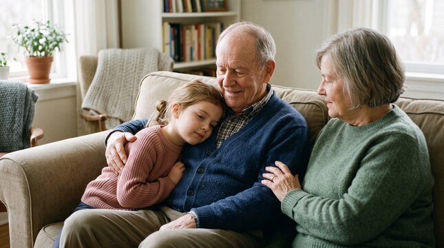 Grandparents embrace their granddaughter on a couch showing love and family connection