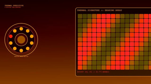 A predictive maintenance thermal monitor screen showing dynamic heat grid alerts and rotating bearing status indicators with constant changes in temperature data across three visual interface panels