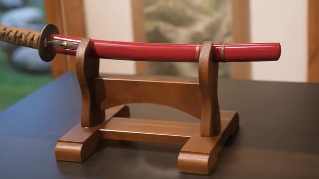Traditional japanese katana short sword displayed on wooden stand