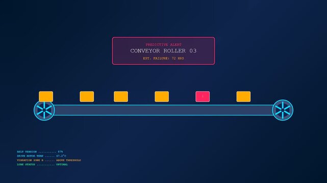A digital predictive maintenance interface showing a virtual conveyor belt with moving packages and changing status alerts displayed on a deep blue dark computer monitor screen