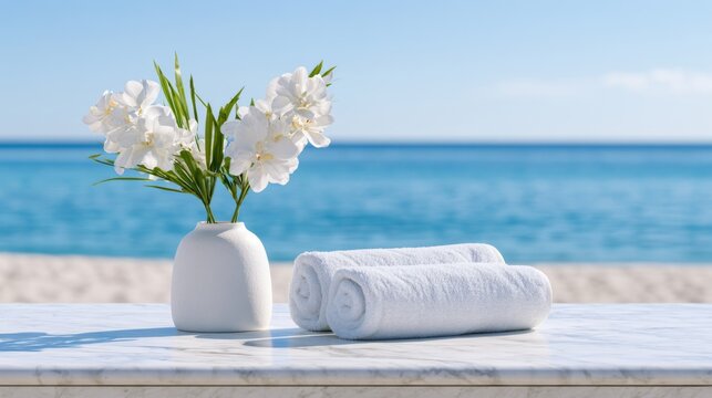 Vase with white flowers and rolled towels on a marble table by the sea for summer vacation at a tropical beach resort Generative AI