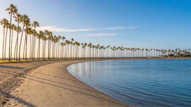 さざ波が静かに揺れる遠浅の海と湾曲した砂浜に並ぶヤシの木々