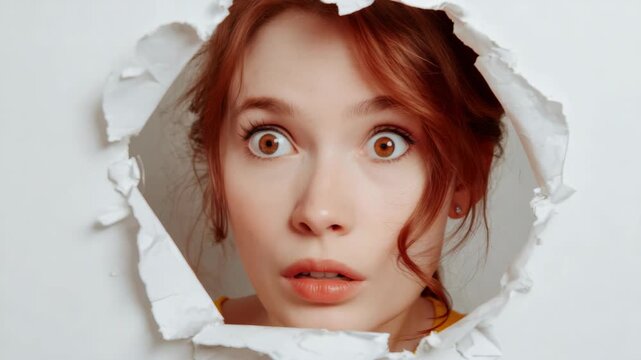 Surprised woman looking through a paper cutout.