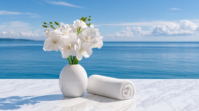 White flowers in vase and rolled towel on marble table by sea at tropical beach resort Generative AI