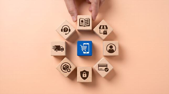 Hand Placing Wooden Blocks Arranged in a Circle Representing Comprehensive E-commerce Service Solutions and Online Shopping Experiences