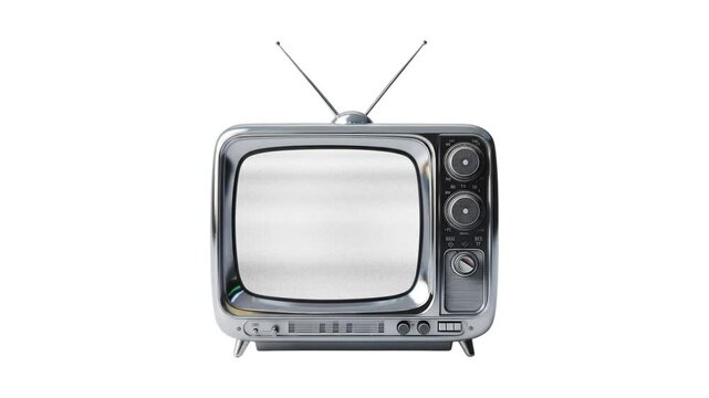 Vintage chrome television set with classic antennas and analog channel tuning knobs isolated on a bright white background representing retro media