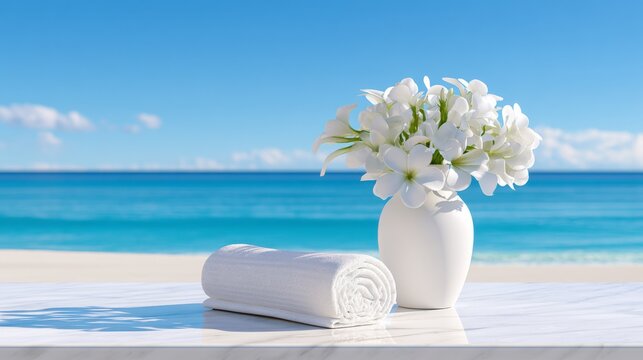 White flowers in a vase and a rolled towel on a marble table by the sea at a tropical beach resort Generative AI