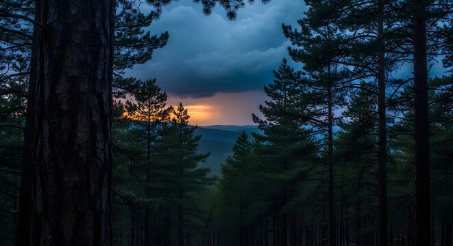 Dramatic sunset glowing through dark pine forest trees