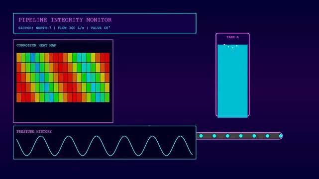 Predictive maintenance monitoring displays showing digital sensor graphs and changing liquid levels in fuel tanks on a dark blue screen interface during industrial control system analysis