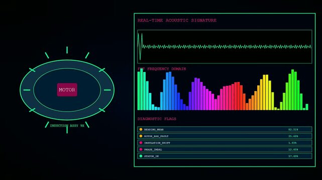 Digital predictive maintenance interface displaying motor diagnostic data and acoustic wave patterns with oscillating bar charts shown on a dark computer monitor for engineering process monitoring