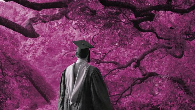 A graduate walking under a pink tree with a cap and gown on.