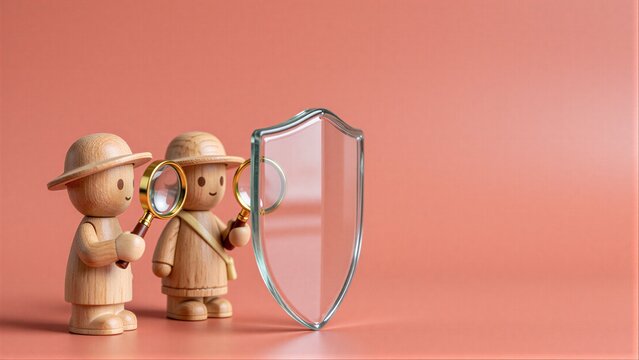 Two wooden figures with magnifying glasses stand beside a transparent shield.
