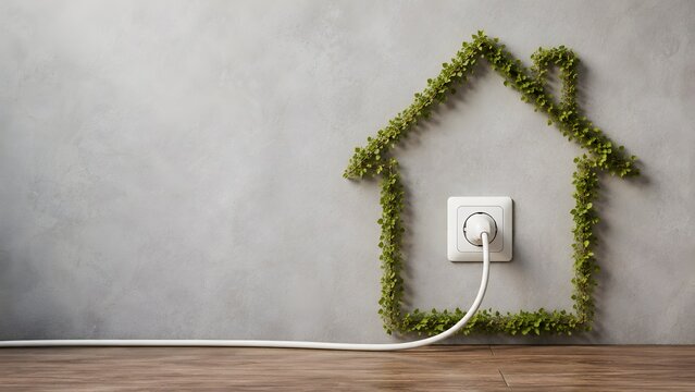 Sustainable green energy home concept with house shape made of climbing leaves on wall and electrical plug representing eco friendly power
