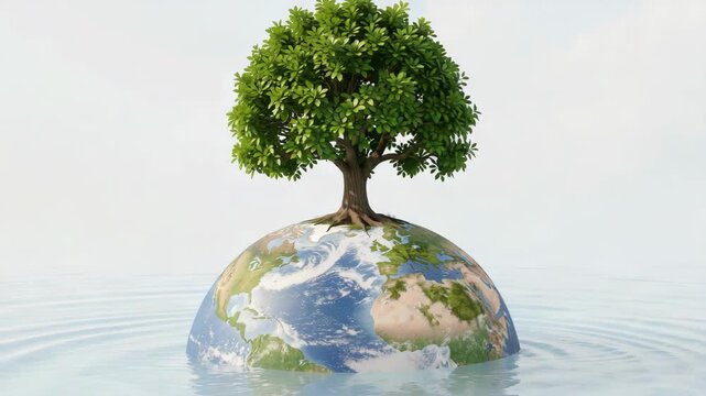 A digital of planet Earth with just one tree growing out of it, floating in space.