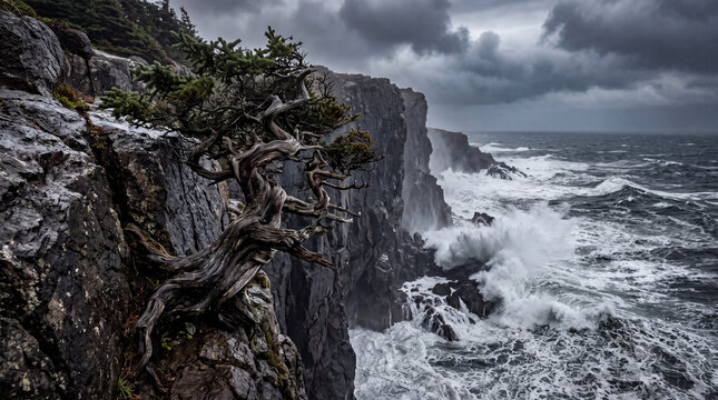 Weather-Beaten Gnarled Krummholz Pine Tree Clinging to Vertical Sea Cliff Facing Dramatic Stormy Ocean