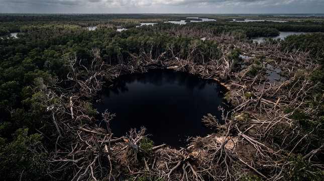 Deep Black Water Natural Sinkhole or Blue Hole Surrounded by Collapsed Weathered Mangrove Forest