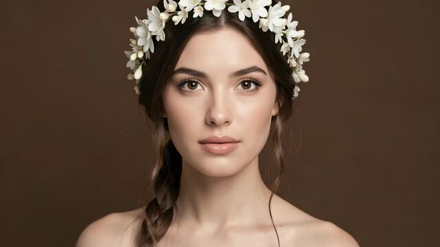 Softly lit portrait of a woman with a delicate floral crown. Her hair is styled in loose braids, adding elegance to her look. White blossoms frame her face, creating a gentle, natural beauty