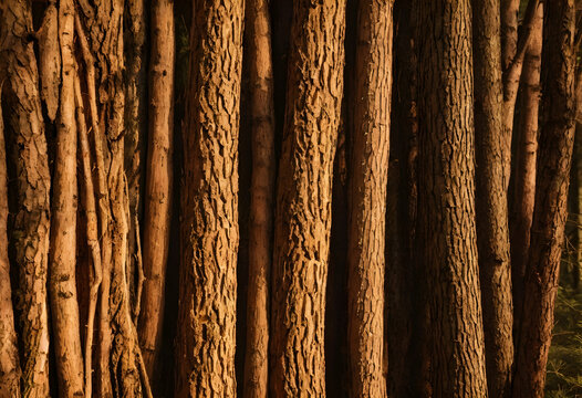 Close up of tree trunks in a forest with textured bark and warm sunlight, natural wood background