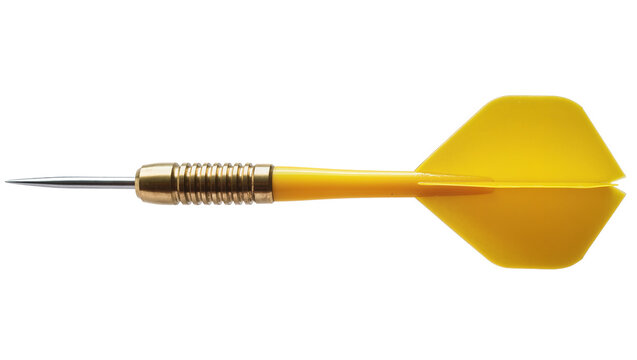 Isolated yellow dart, professional game equipment with a sharp point, golden barrel, and flights