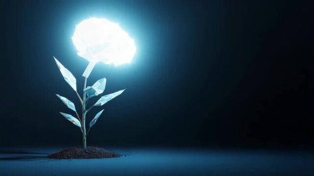 Single glowing blue flower blooms from dark soil. Its petals radiate a cool, ethereal light. Leaves curve gently around its slender stem. The scene rests in deep, shadowy darkness