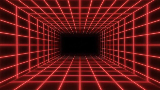 Red neon grid perspective in dark virtual space