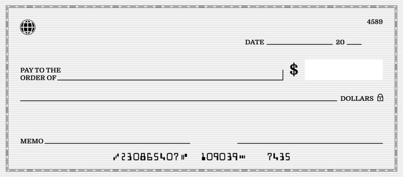 Bank Check for Payment: A blank bank check template featuring fields for date, payee, amount in figures and words, and memo, ready for financial transactions.
