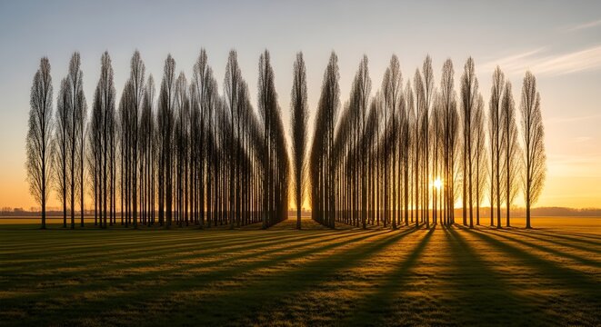 Tall thin trees in a row casting long shadows at sunrise