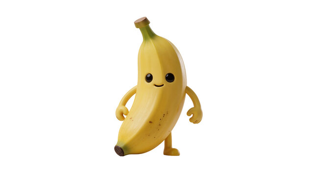 Isolated cheerful yellow banana cartoon character with a happy smile standing, 3D render