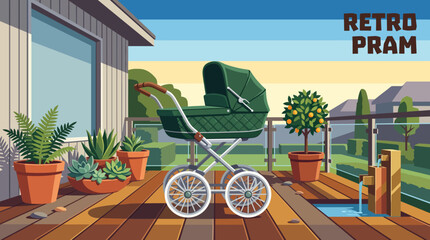 Fototapeta premium Elegant retro green baby stroller placed on luxury wooden terrace surrounded by decorative plants, bright daylight, peaceful residential atmosphere, realistic vector illustration, premium background.