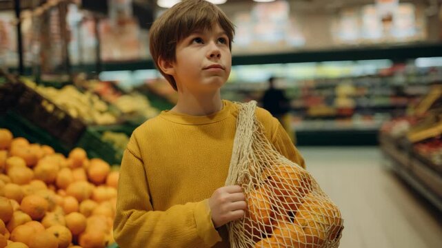 A young boy is seen walking through a supermarket with a plastic bag full of fresh oranges. He appears to be examining the produce before deciding on his purchase.
