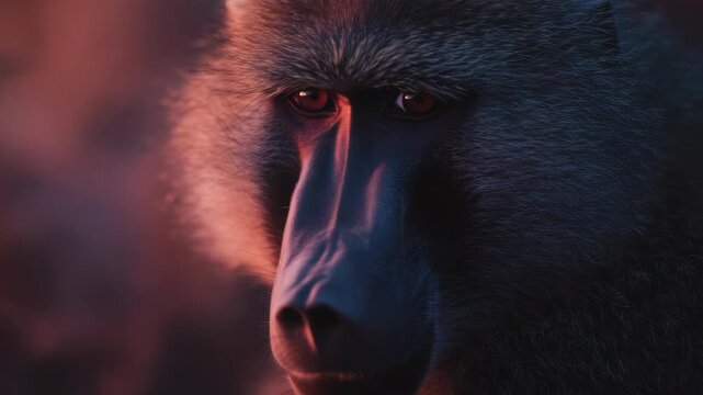 Detailed of a macaque with glowing red eyes in the darkness.