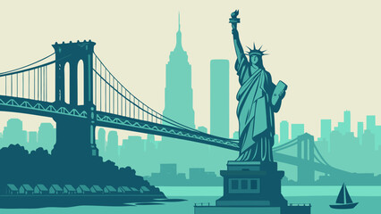 Obraz premium Iconic new york city landmarks and skyline in stylized flat design