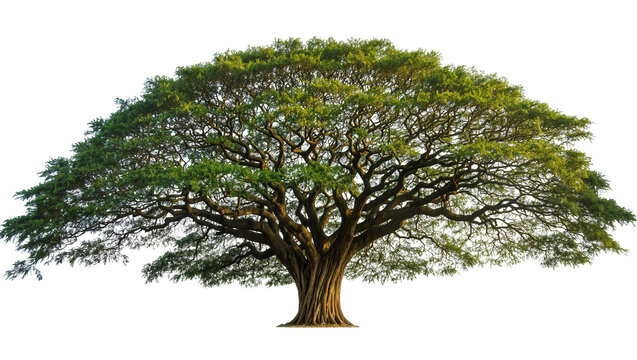 Isolated majestic mature tree with a vast green canopy, strong trunk and spreading branches