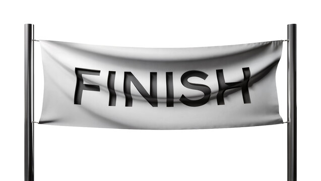 Isolated white finish line banner with text FINISH hanging between two metal poles
