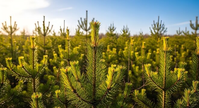 Young pine trees growing in a sunny forest plantation at dawn