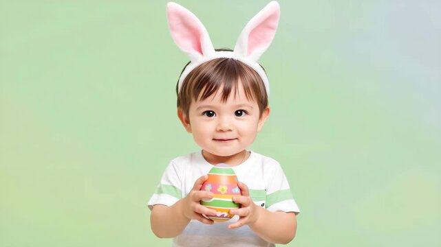 A smiling child wearing bunny ears holding a colorful egg.