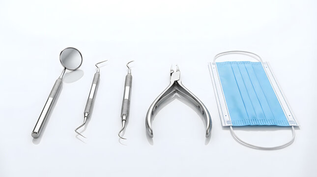Dental tools and mask on white background in a clean layout