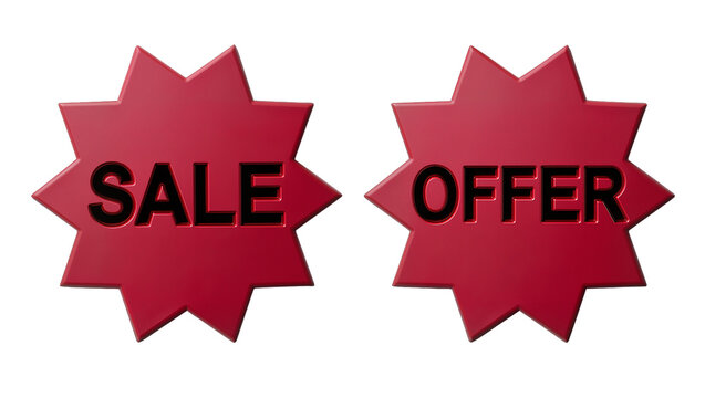 Isolated red shiny promotional sale and offer starburst stickers for retail advertising