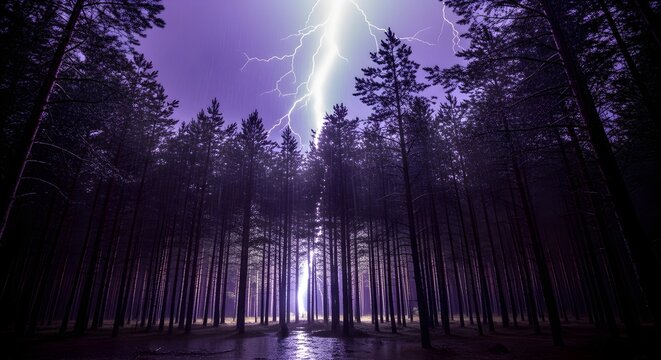 Dramatic lightning strike illuminating a dark pine forest at night