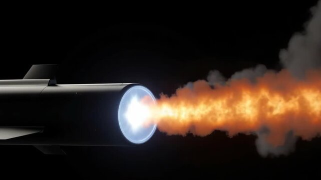 An of a missile rocket launch against the backdrop of space, showcasing flames and smoke as it propels forward.