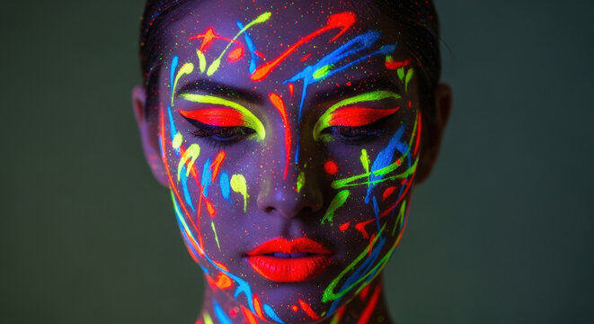 Close-up of a woman with vibrant neon UV paint splattered across her face, creating a colorful and abstract look.