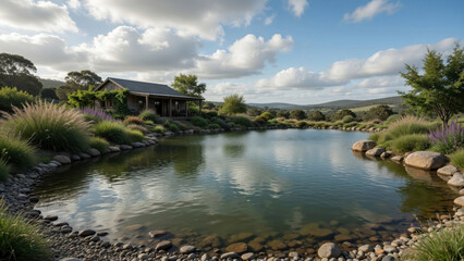 Fototapeta premium Serene pond countryside cabin stone shore ornamental grass cloudy sky rural landscape calm water reflection peaceful nature summer day sceneryRegenerative travel farmstay concept