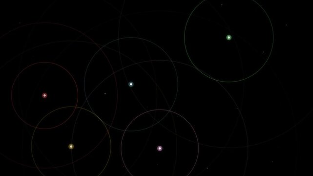 Abstract black background featuring scattered faint stars and translucent circular outlines suggesting a cosmic or technical diagram.