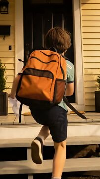 Vertical video: Stepping boy in green polo, orange backpack and paper leaving front porch to school