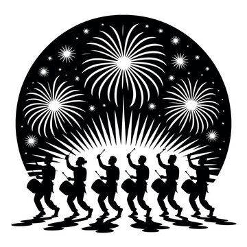 Silhouette illustration of a marching band drumming group performing during a fireworks festival celebration