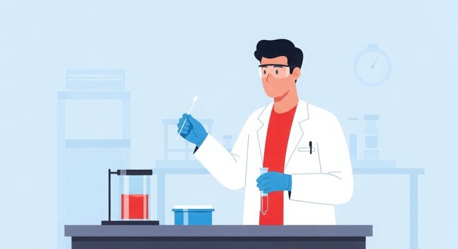 Male scientist working with test tubes in a modern laboratory illustration