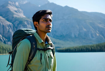 Naklejka na ściany i meble Young indian man with backpack hiking in mountains by a lake, adventure and exploration concept, outdoor lifestyle