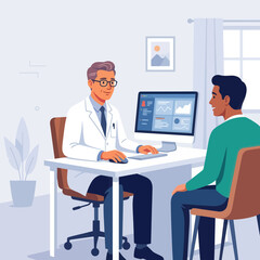 Fototapeta premium Doctor consulting patient, discussing medical data on computer screen, flat vector illustration